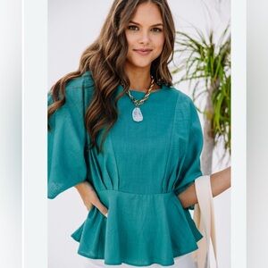 Women’s Medium Teal Linen Blend Peplum Top Blouse Flowy Bell Sleeve Boho Chic
